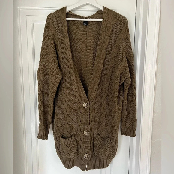 Agnes & Dora Olive Green Cable Knit Cardigan Sweater with Pockets 100% Cotton - Picture 1 of 12